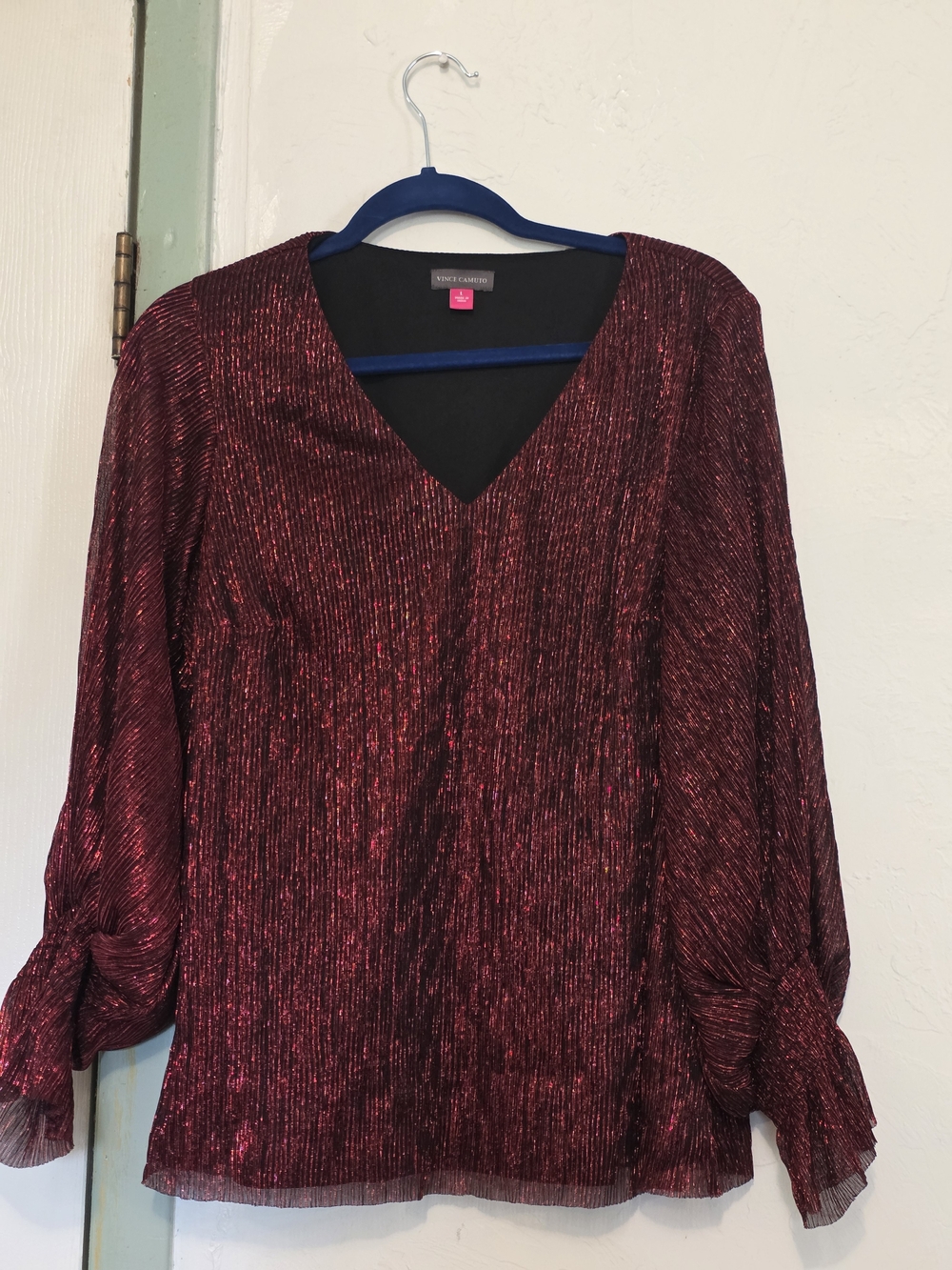 Vince Camuto Metallic Red& Black V-Neck Blouse